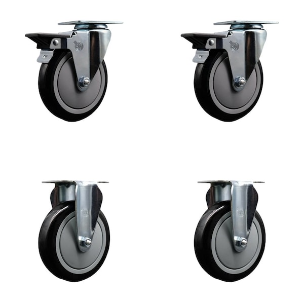 5'' Black Poly Wheel Swivel Top Plate Caster Set with 2 Posi Brakes 2 Rigid, 4PK